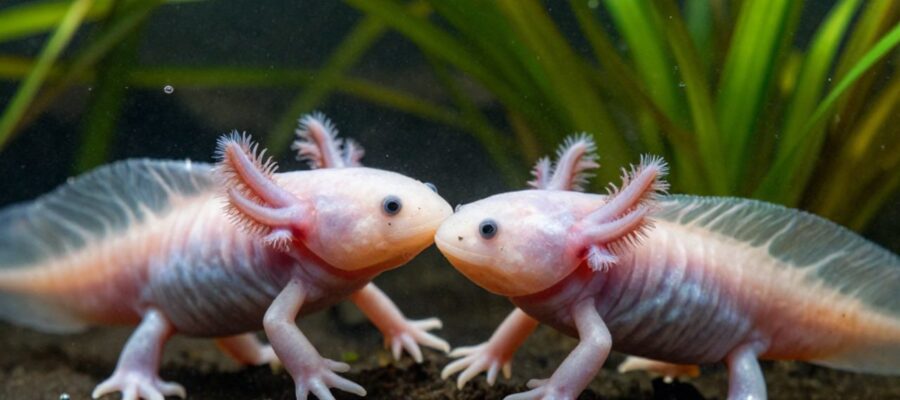 Dos axolotes de color rosado interactúan de forma cercana en un entorno acuático rodeado de plantas.