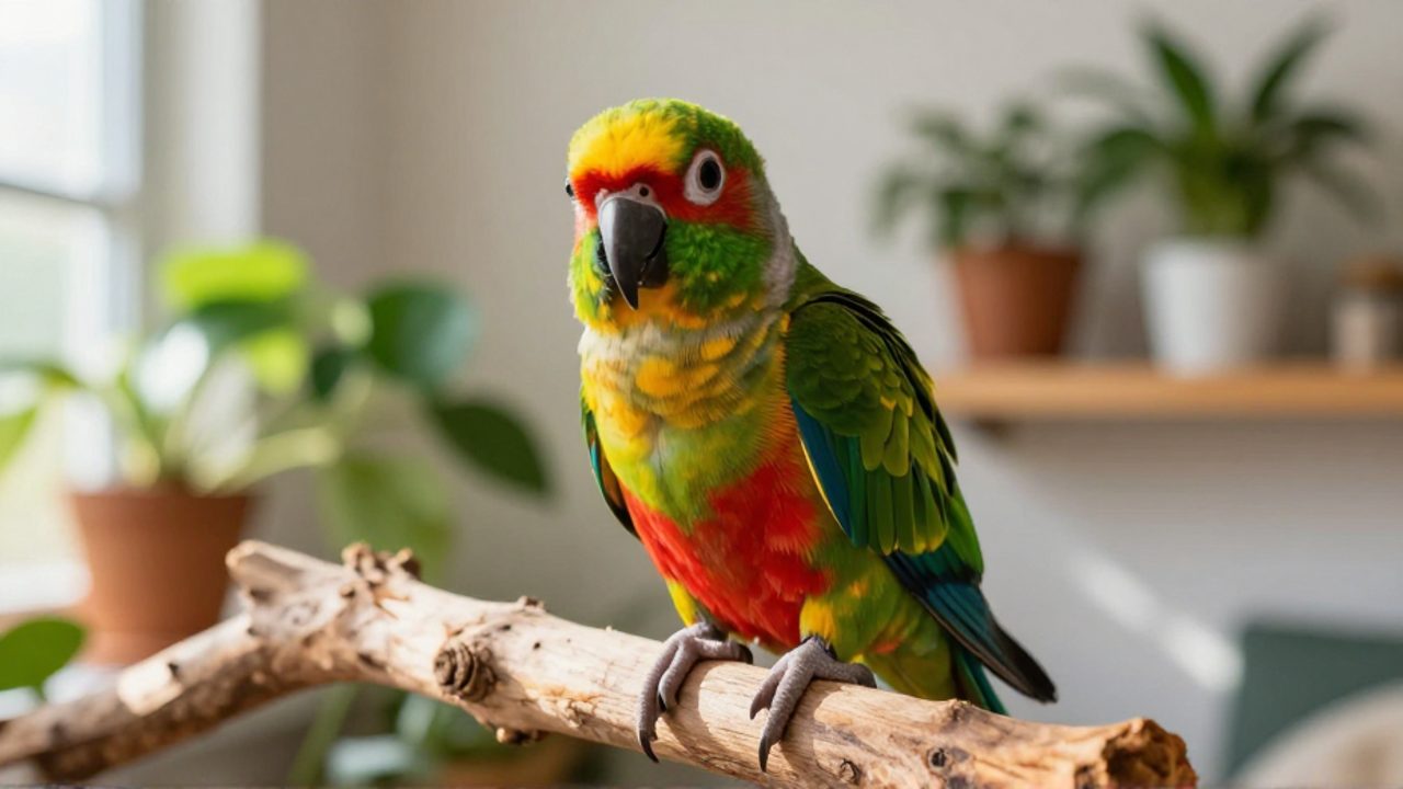 Loro de colores brillantes posado en una rama de madera en una sala de estar luminosa con plantas de fondo.