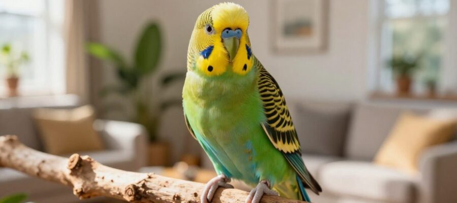 Un loro de colores verde, amarillo y azul posado en una rama de madera en una sala iluminada por el sol.