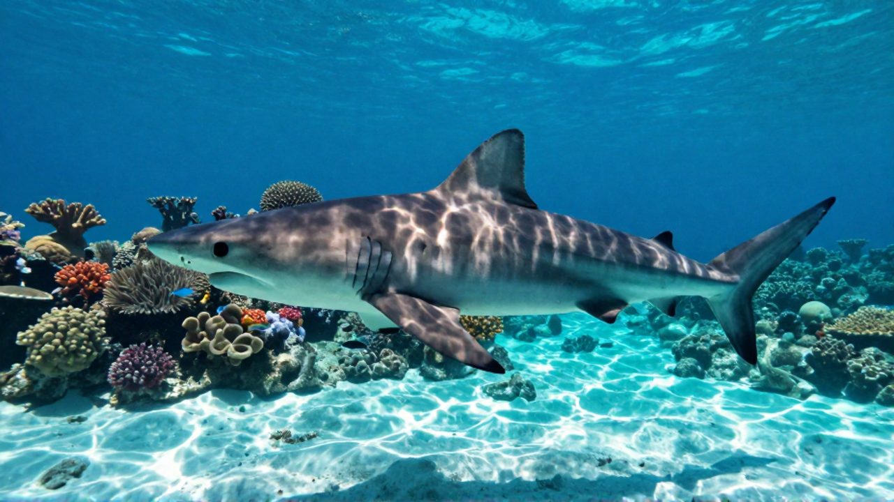 Un tiburón de arrecife nada con tranquilidad entre corales coloridos y peces en un ecosistema marino saludable.