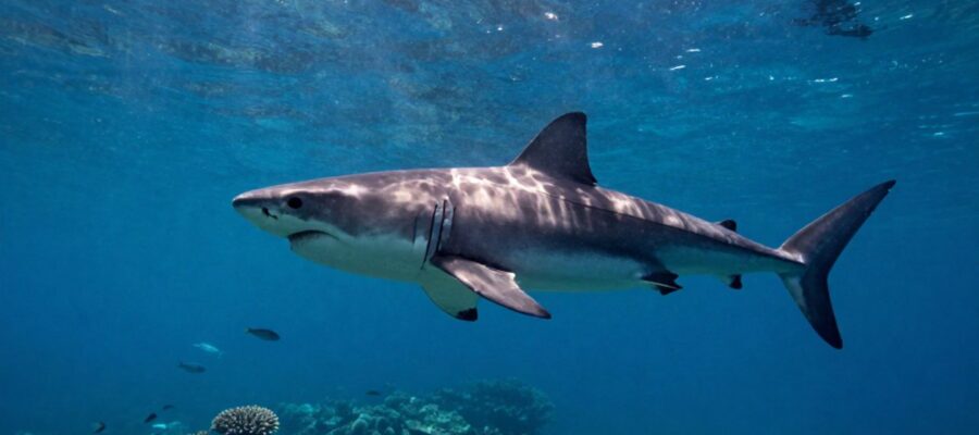 Un gran tiburón blanco nada en aguas profundas bajo rayos de luz solar que atraviesan la superficie del océano.