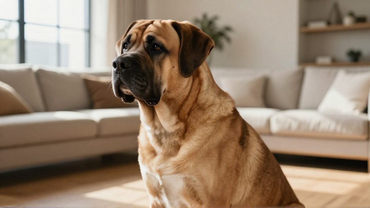 Perro de tipo mastín con complexión robusta sentado tranquilamente en una sala de estar luminosa.