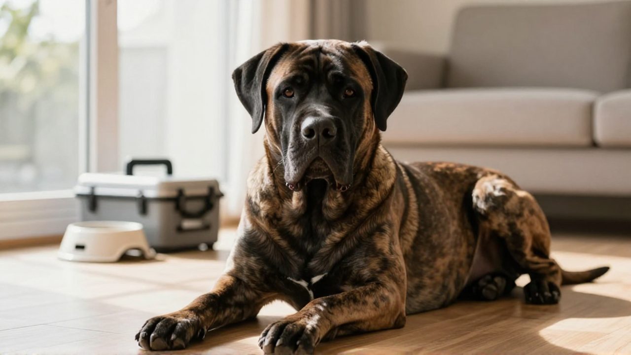 Perro de raza molosoide con musculatura robusta que descansa tranquilamente en una sala luminosa junto a un cuenco de comida y equipo de aseo.