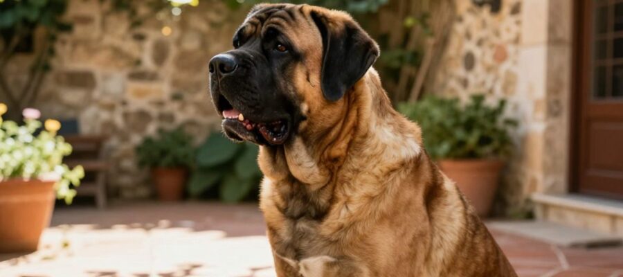Perro de tipo mastín con complexión robusta y mandíbulas fuertes, sentado tranquilamente en un patio rústico iluminado por el sol.