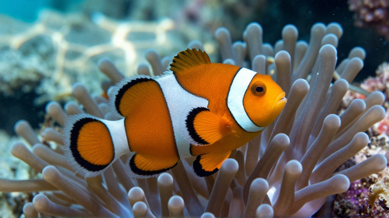 Pez payaso de color naranja y rayas blancas nadando entre los tentáculos de una anémona marina.