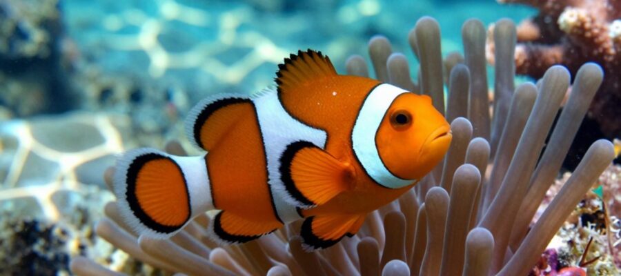 Pez payaso naranja con rayas blancas nadando entre los tentáculos de una anémona de mar en un arrecife de coral.
