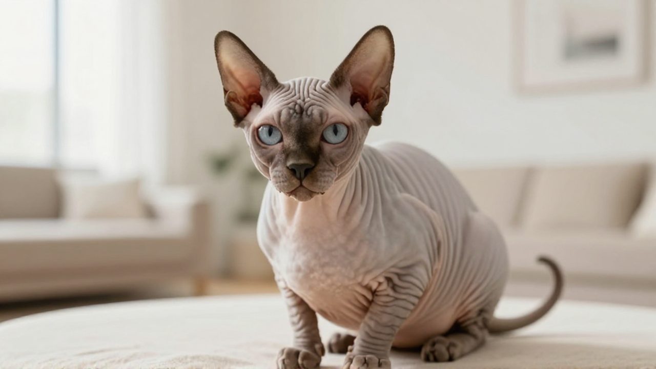 Primer plano de un gato Sphynx sentado que muestra la textura de su piel arrugada y el fino vello de su cuerpo.