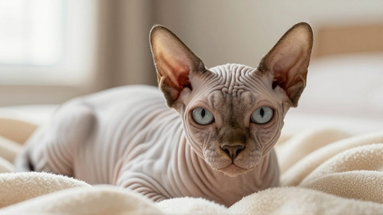 Primer plano de un gato Sphynx con piel arrugada y vello fino descansando sobre una manta de color crema.