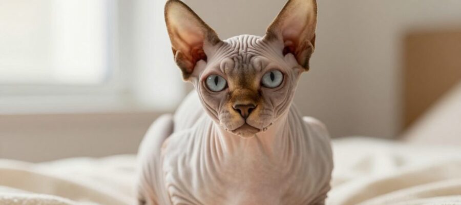 Primer plano de un gato Sphynx con piel arrugada y orejas grandes sentado sobre una tela de color crema.