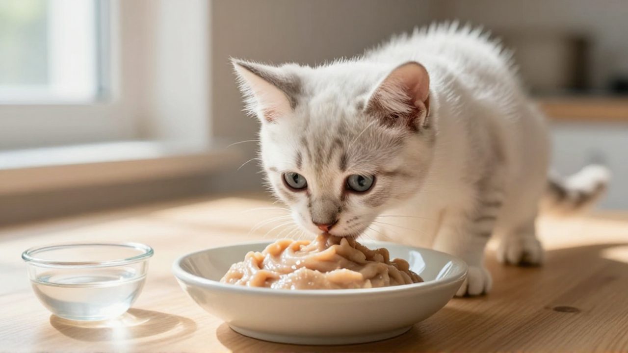 Un gatito de cuatro semanas olfatea un plato con puré de comida húmeda sobre una mesa de madera.