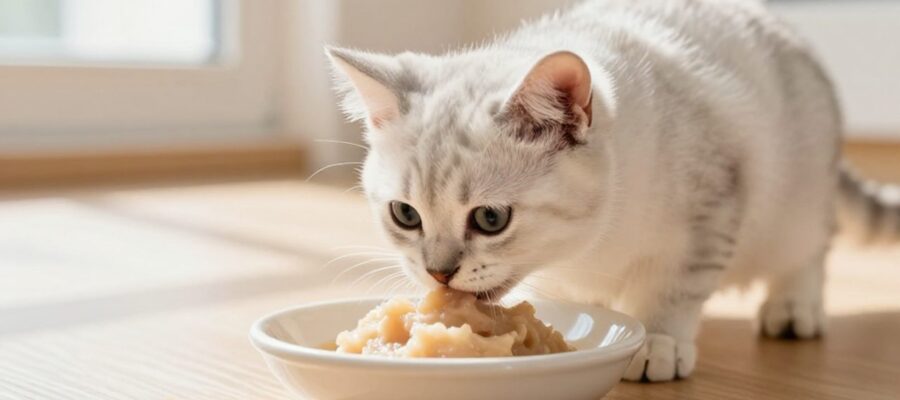 Un gatito de un mes come comida húmeda de un pequeño plato de cerámica en el suelo de una cocina.