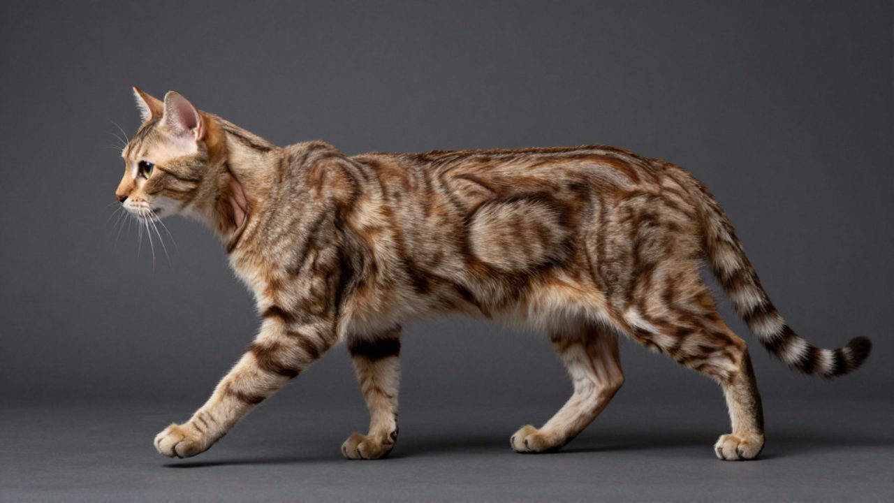 Perfil lateral de un gato doméstico caminando, resaltando la definición muscular de sus extremidades, hombros y columna vertebral.