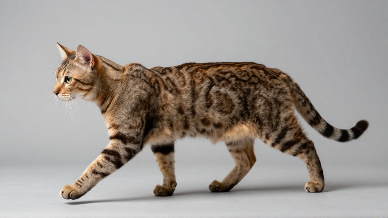 Perfil lateral de un gato doméstico en medio de una zancada, mostrando la tensión de su musculatura y la extensión de sus extremidades.
