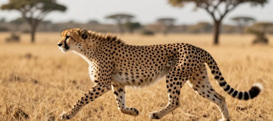 Perfil lateral de un guepardo corriendo en la sabana africana que muestra la tensión de sus músculos y la extensión de sus extremidades durante la carrera.
