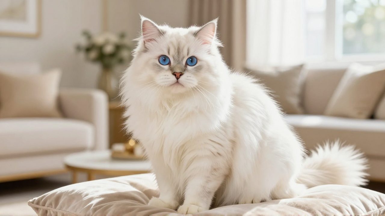 Gata blanca de pelo largo y ojos azules sentada con elegancia sobre un cojín de terciopelo en una sala iluminada.