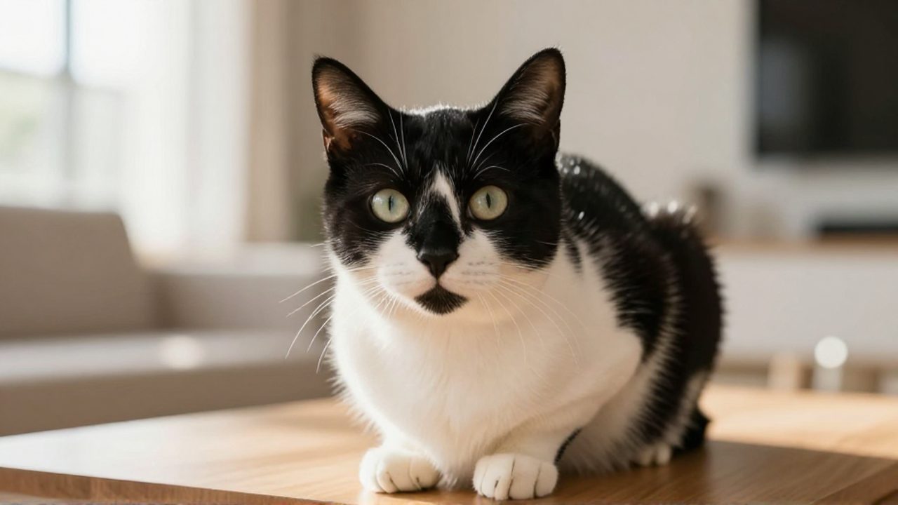 Gato de pelaje suave sentado con elegancia sobre una superficie de madera en una sala iluminada por el sol.