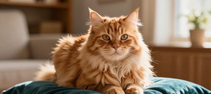Un gato de pelo largo color naranja posado elegantemente sobre un cojín azul en una sala de estar iluminada por el sol.