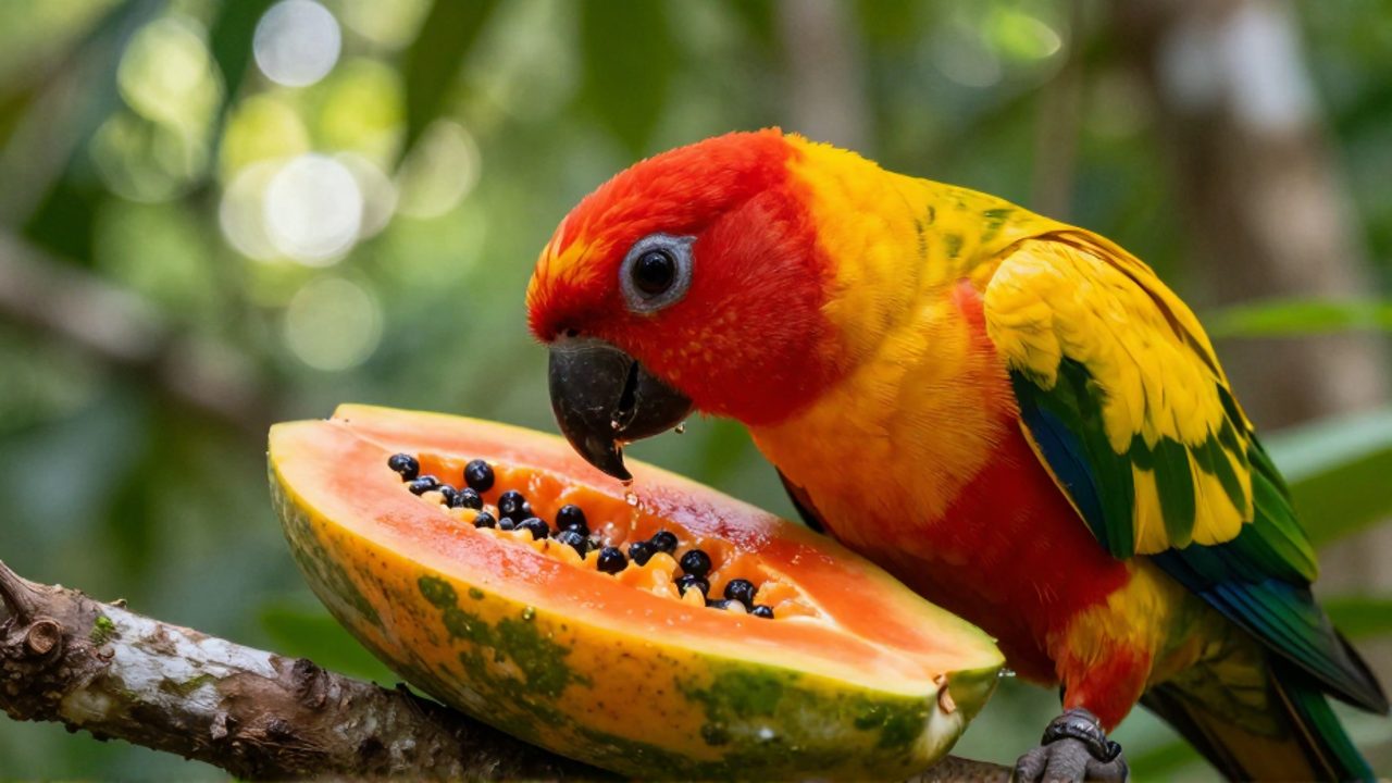 Loro tropical de colores brillantes picoteando la pulpa de una papaya madura sobre una rama en la selva.