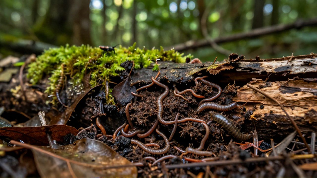 Isópodos y lombrices se desplazan entre la materia orgánica y la tierra húmeda de un tronco en descomposición en el suelo de un bosque.