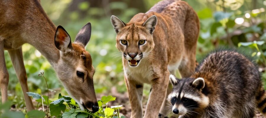 Composición que muestra a un ciervo comiendo follaje, un felino con dientes afilados y un mapache con bayas y frutos secos en un entorno de bosque.