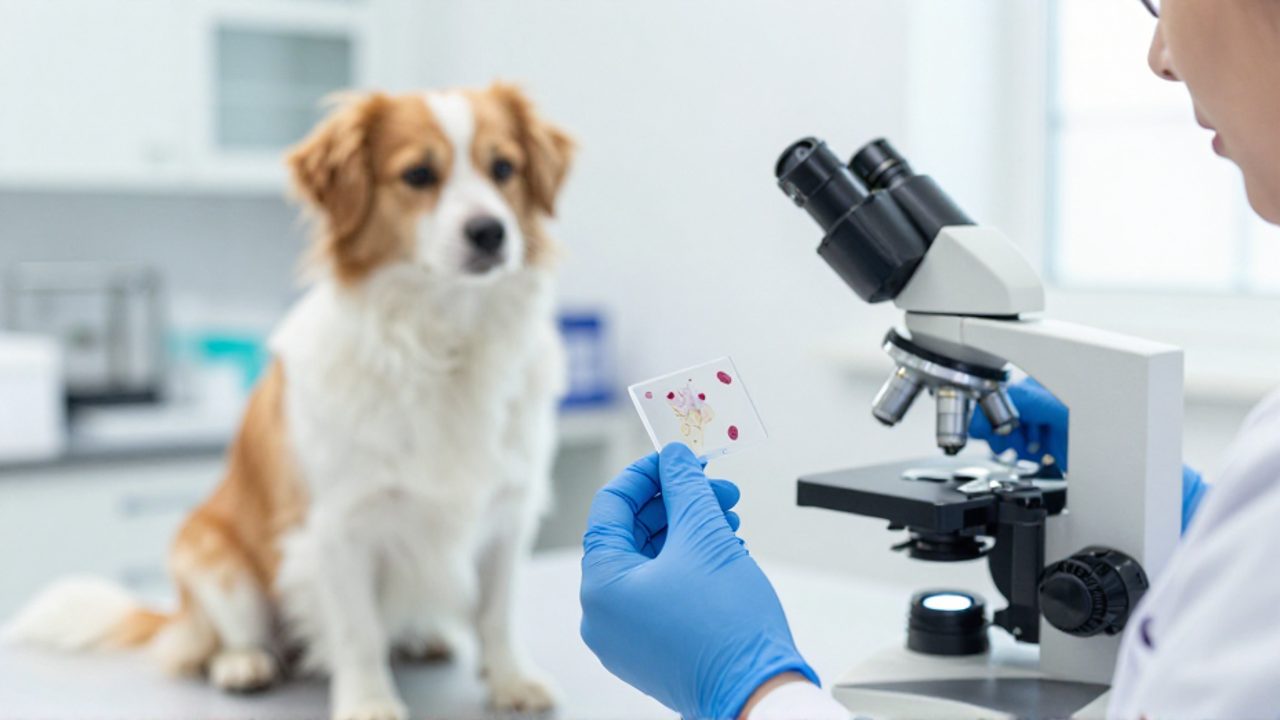 Un veterinario sostiene un portaobjetos de microscopio en primer plano mientras un perro espera sobre la mesa de examen en un consultorio clínico.