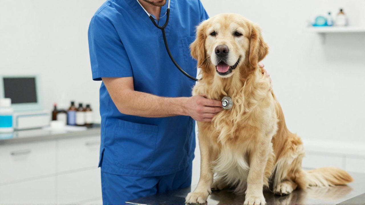 Un veterinario realiza un examen clínico a un perro Golden Retriever sobre una mesa médica en una clínica.