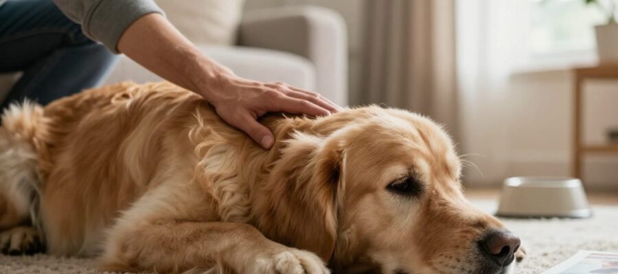 Persona acariciando con preocupación a un perro Golden Retriever decaído que descansa sobre una alfombra en una sala.
