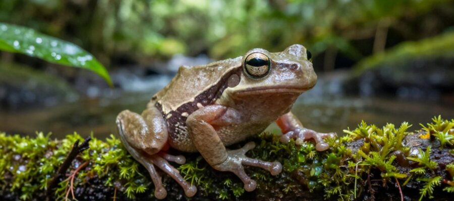 Rana arborícola de Puebla descansando sobre una rama con musgo junto a un arroyo en un bosque montañoso.