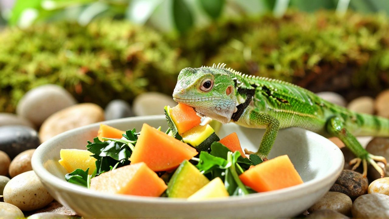 Una pequeña iguana verde come trozos de papaya, calabaza y alfalfa de un cuenco en su terrario.