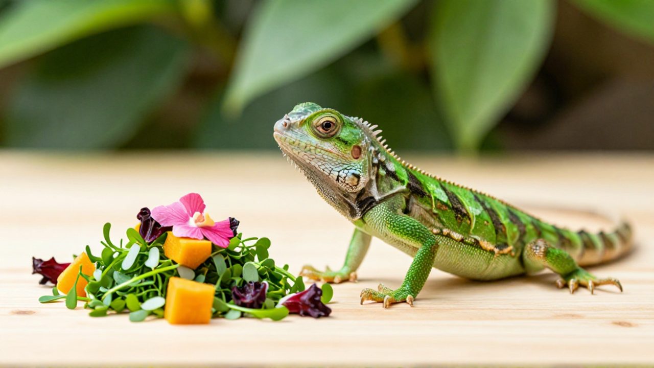 Una iguana bebé de color verde brillante observa un pequeño montículo de vegetales picados, calabaza y pétalos de hibisco sobre una superficie de madera.