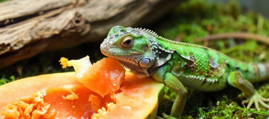Una pequeña iguana verde come trozos de papaya y un pétalo de hibisco sobre un sustrato de musgo.
