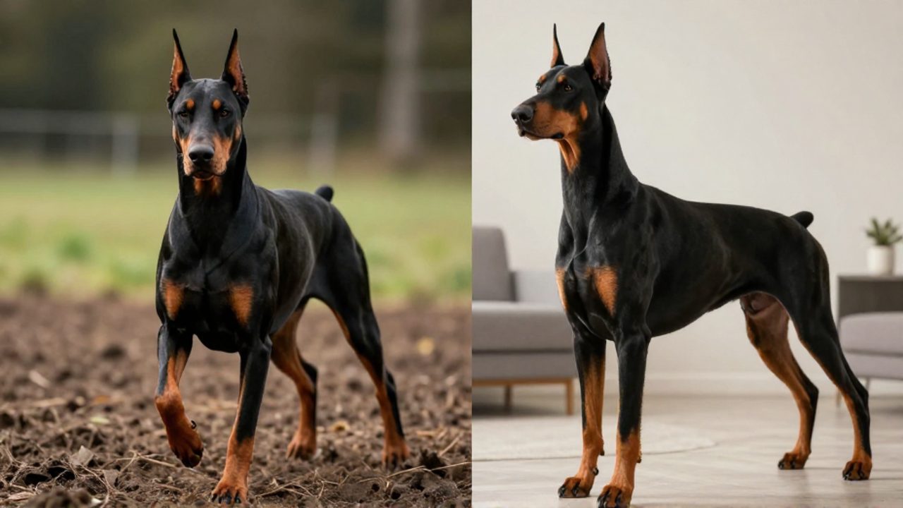 Comparación de un Doberman europeo de complexión robusta en un campo de entrenamiento frente a un Doberman americano de silueta esbelta y elegante en un salón moderno.