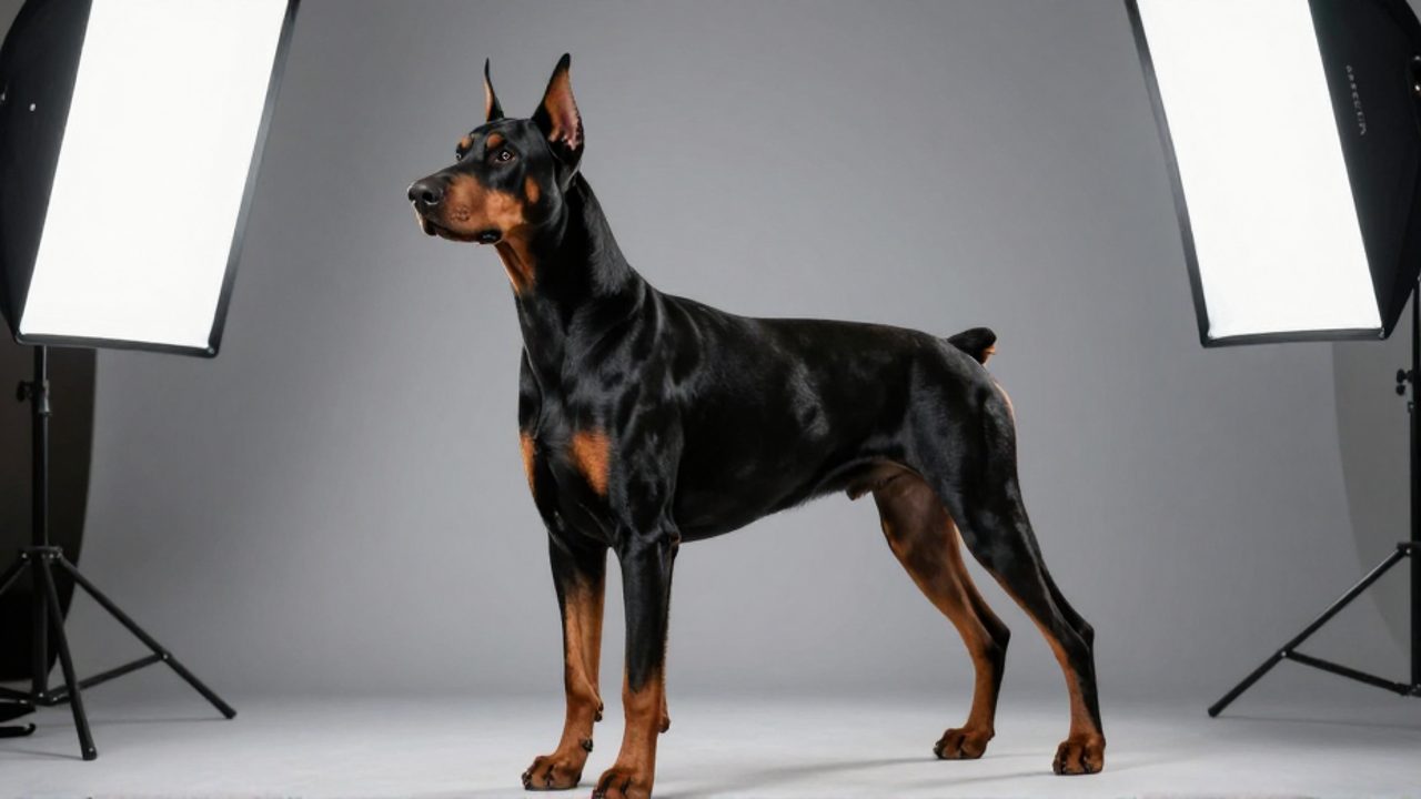 Doberman Pinscher de perfil en un estudio, mostrando su musculatura definida y su pelaje corto y brillante.