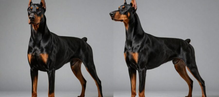 Comparación de perfil entre un Doberman europeo de complexión robusta y musculosa frente a un Doberman americano de silueta más esbelta y elegante.