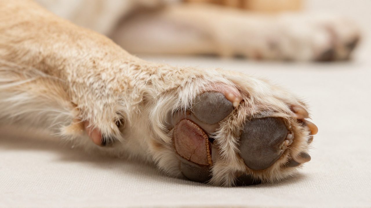 Primer plano de la almohadilla de un perro con piel engrosada, seca y con pequeñas grietas debido a la hiperqueratosis.
