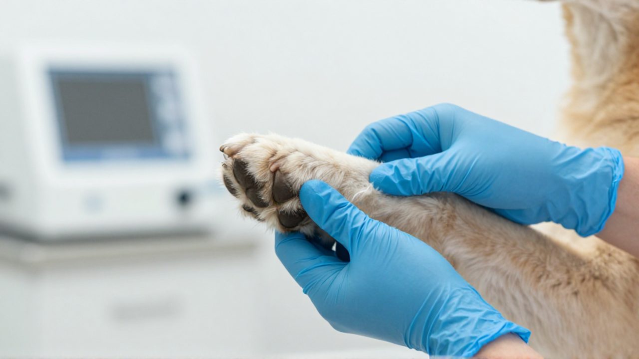 Un veterinario con guantes azules examina con cuidado las almohadillas de la pata de un perro en una clínica.