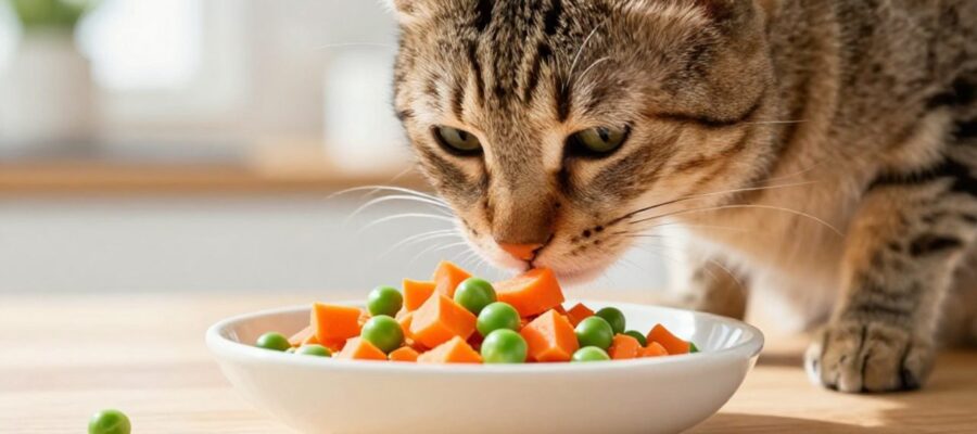 Un gato atigrado olisquea un pequeño cuenco con trozos de zanahoria y guisantes picados sobre una mesa de cocina.