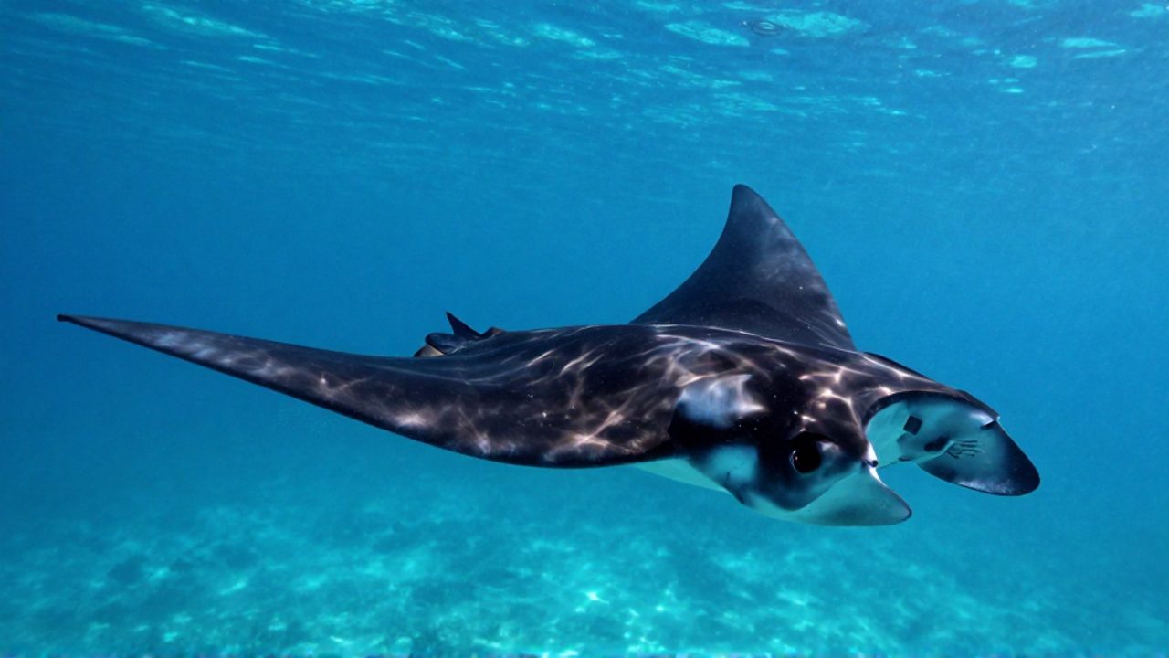 Una gran mantarraya nada con calma en las profundidades de un océano azul tropical con rayos de luz filtrándose desde la superficie.