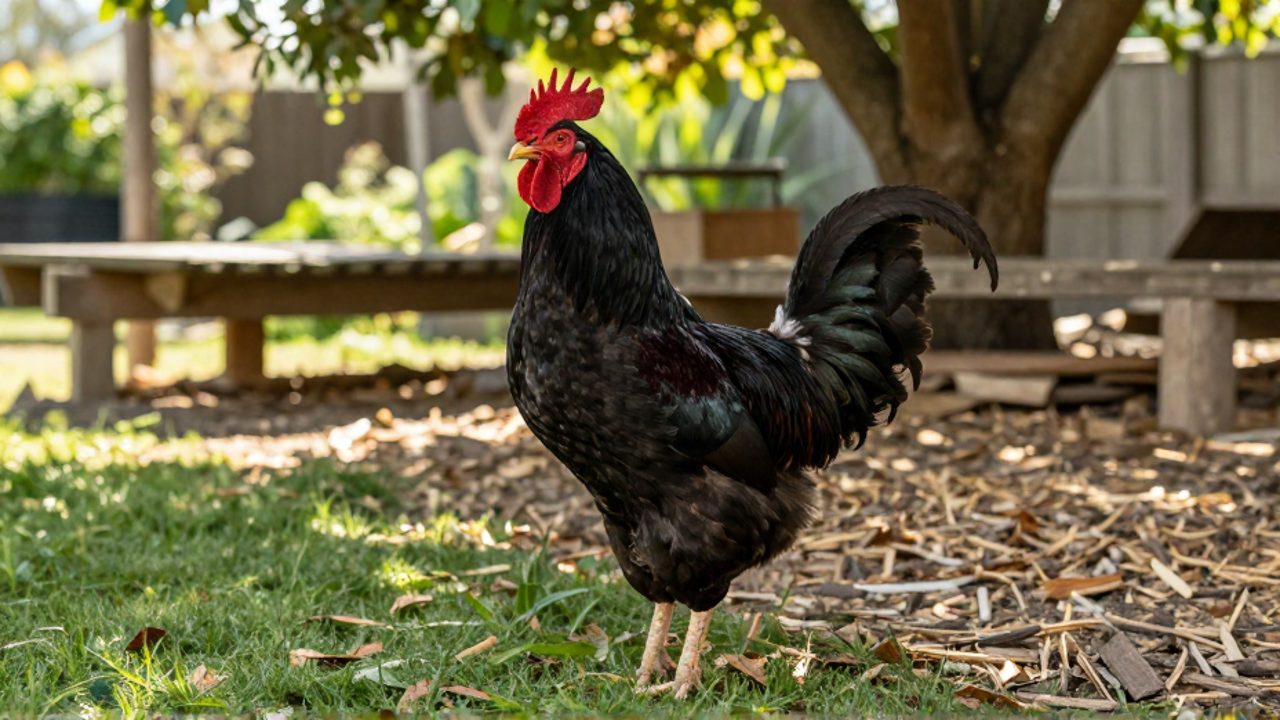 Gallo Shamo de complexión musculosa y postura erguida en un gallinero exterior con suelo de césped y virutas de madera.