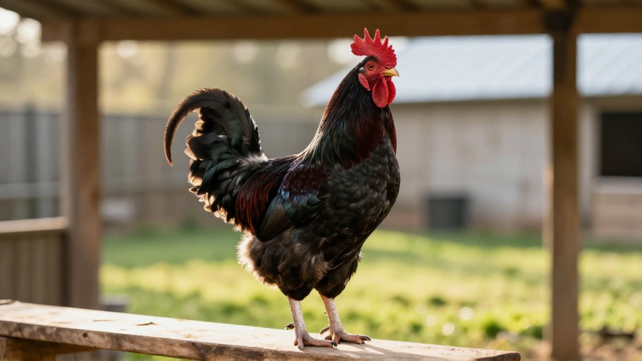Gallo Shamo de postura erguida y constitución musculosa sobre un percha de madera en un entorno de granja.