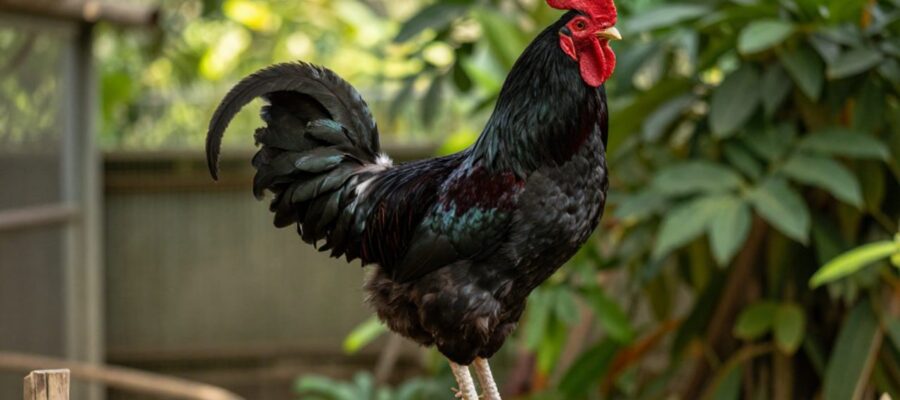 Gallo Shamo de plumaje negro brillante con postura erguida y musculosa sobre un percha de madera en un entorno natural.