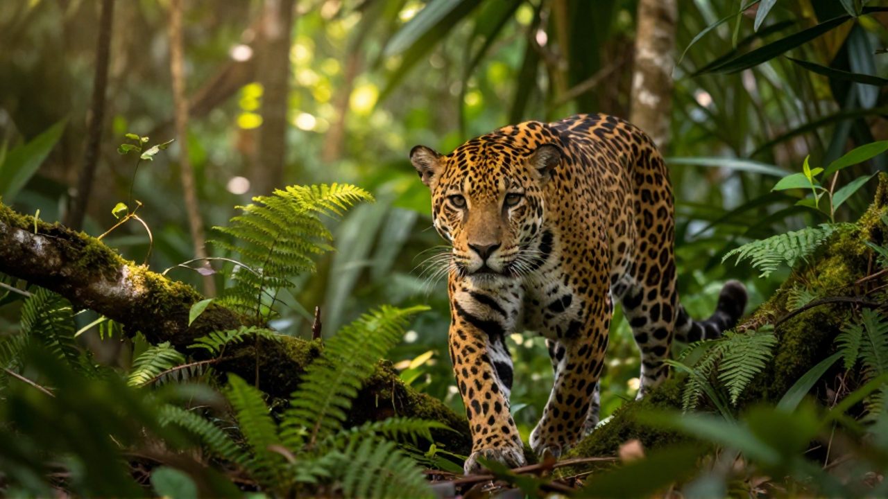 Un jaguar camina entre la densa vegetación de una selva tropical.