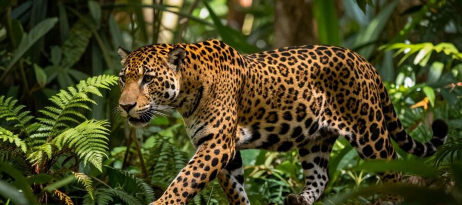 Un jaguar camina entre la densa vegetación de una selva tropical iluminada por rayos de sol.