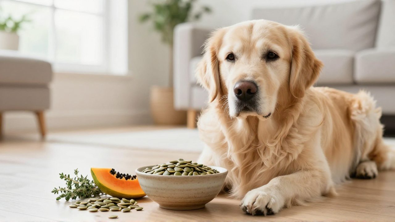 Un perro Golden Retriever sentado junto a un cuenco y una disposición de semillas de calabaza, papaya y orégano sobre un suelo de madera.