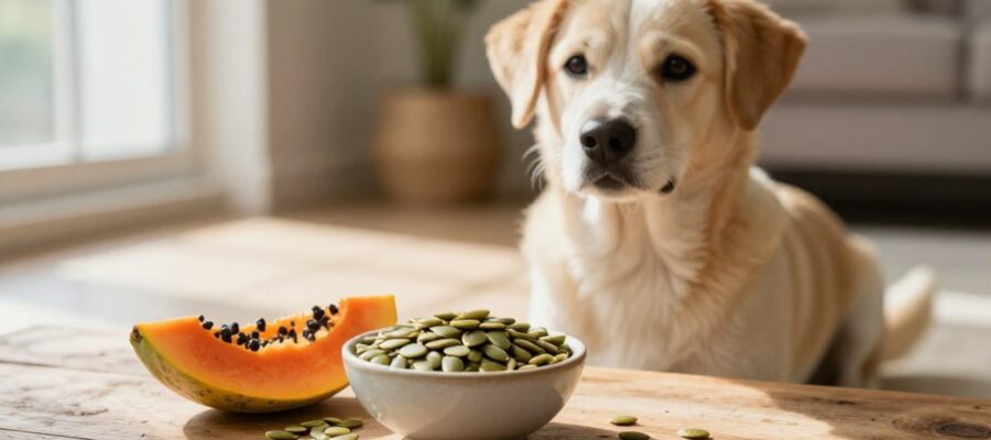 Perro sentado junto a un cuenco con semillas de calabaza y trozos de papaya sobre un suelo de madera.