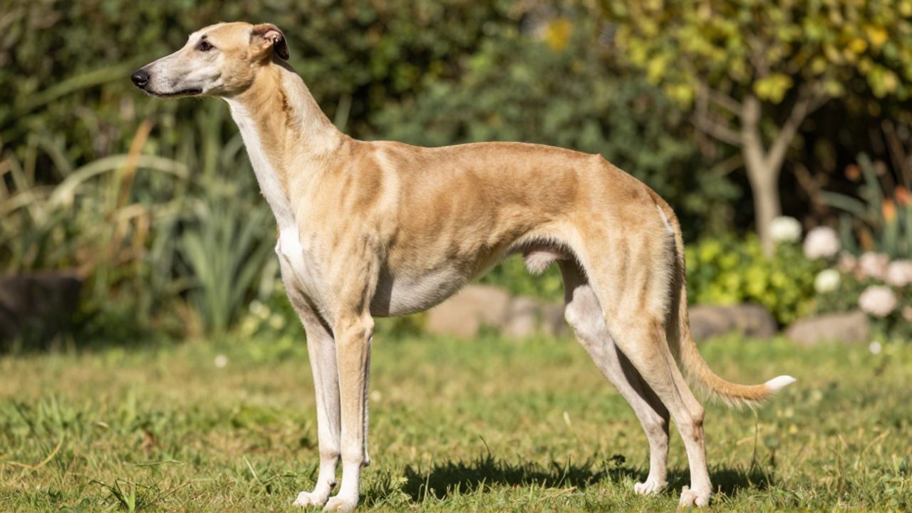 Un perro galgo de complexión atlética y musculatura definida de pie en un jardín soleado.