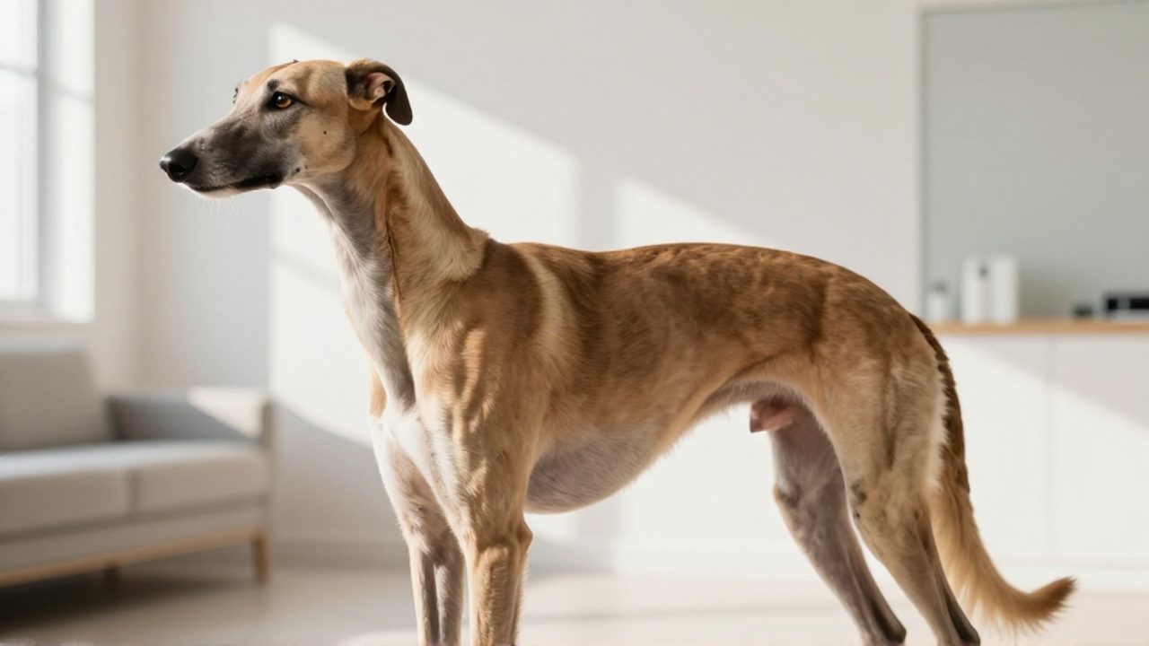 Un perro galgo de aspecto atlético y físico definido permanece de pie con una postura alerta en un entorno luminoso.