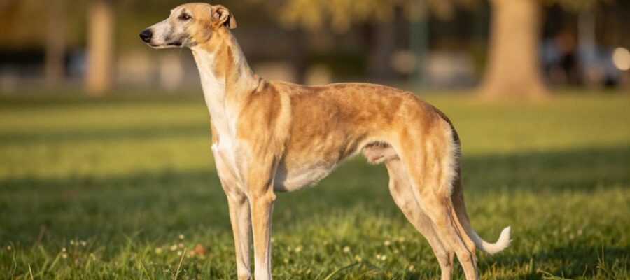Perfil lateral de un perro Greyhound atlético y delgado de pie sobre un césped, mostrando su constitución física natural y musculatura definida.