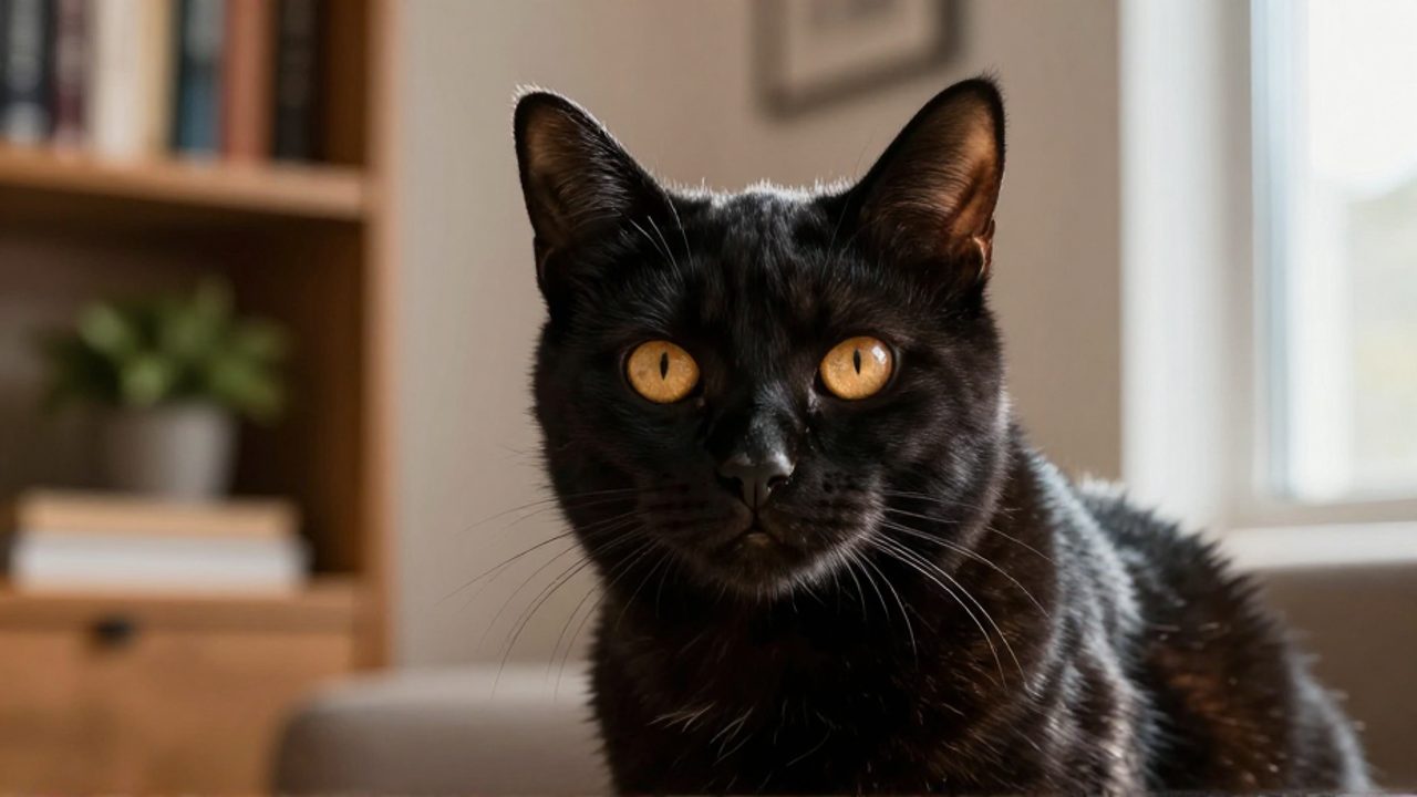 Gata negra de mirada curiosa y ojos ámbar en un salón acogedor.