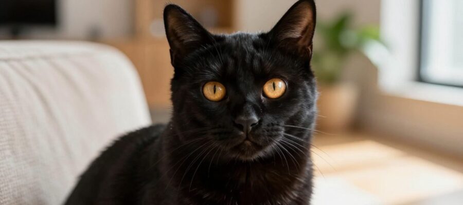 Gata negra de ojos ámbar mirando con curiosidad en un salón luminoso.